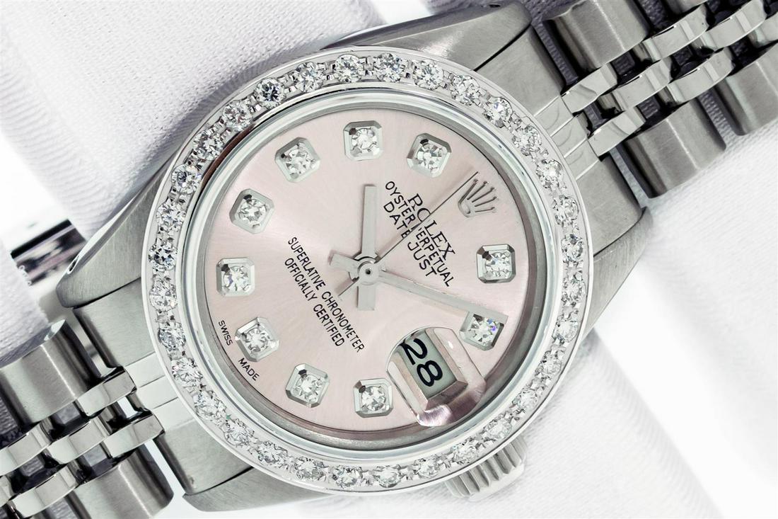 Rolex Ladies Stainless Steel Pink Diamond 18K Gold: One Ladies Stainless Steel Rolex Datejust Polished Bright with Satin Finish, Serviced & Electronically Tested, Stainless Steel Case: 26mm, Stainless Steel Crown, Custom Bezel: New 18K White Gold Beads