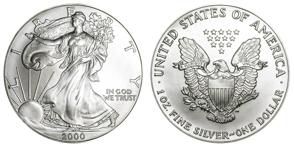 2000 American Silver Eagle .999 Fine Silver Dollar Coin: One 2000 American Silver Eagle .999 Fine Silver Dollar Coin.