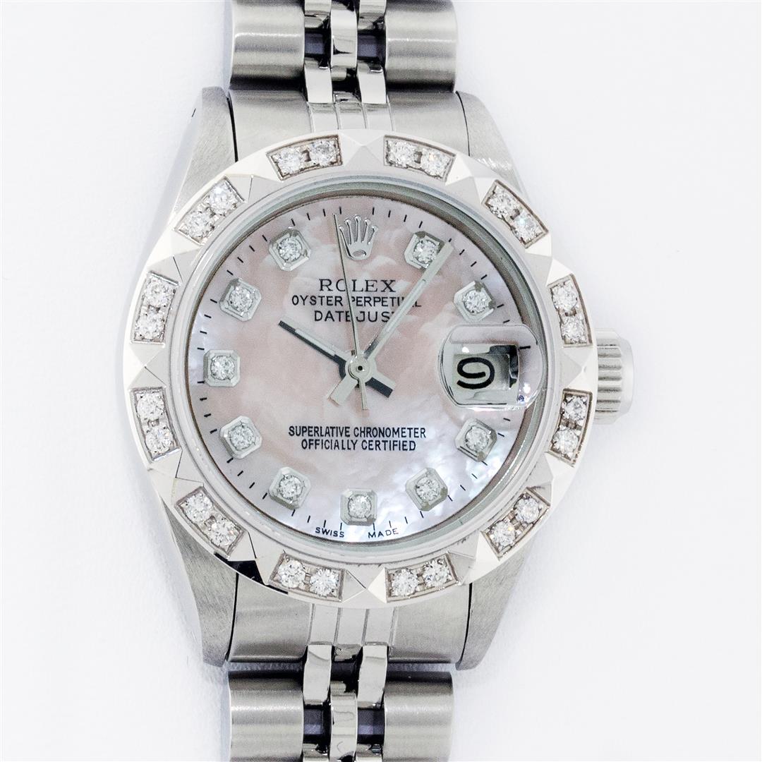 Rolex Ladies Stainless Steel Pink MOP Pyramid Diamond: One Ladies Stainless Steel Rolex Datejust Polished Bright with Satin Finish, Serviced & Electronically Tested, Stainless Steel Case: 26mm, Stainless Steel Crown, Custom Bezel: New 18K White Gold Pyram