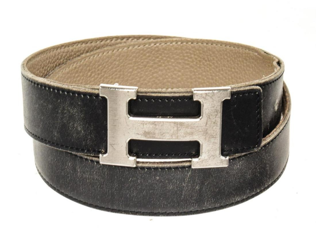 Hermes Black Leather Constance H Belt: Hermes Black Leather Constance H Belt with leather, silver-tone hardware and push lock closure.