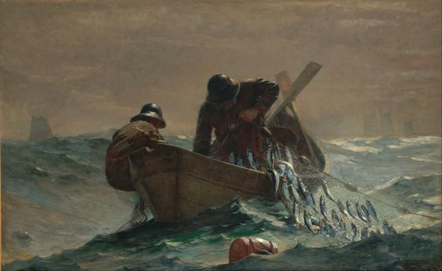 Homer - The Herring Net: Artist: Winslow Homer - Title: The Herring Net - Medium: Fine Art Giclee on Canvas - Image Size: Approximately 19.5 inches x 32 inches - Framed: Unframed on Unstretched Canvas - Biography: Winslow Hom