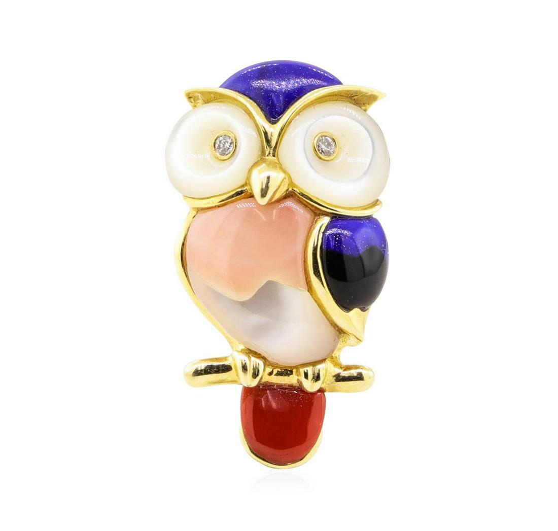 0.04 ctw Diamond and Multi-colored Gemstone Owl Pin -: One owl shaped pin featuring: 14KT yellow gold weighing 8.6 grams containing two diamonds weighing 0.04ctw and inlaid pieces of mother of pearl, pink coral, red coral, lapis, and onyx.