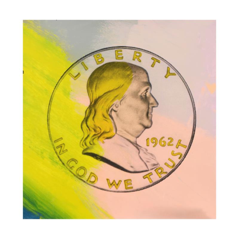 1962 Liberty Coin by Steve Kaufman (1960-2010): 1963 Liberty Ben Coin is a hand painted limited edition silkscreen on canvas by Andy Warhol protege Steve Kaufman (1960-2010). This piece is numbered 43/50 and hand signed inverso. Includes letter of 