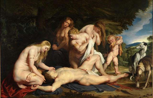 Sir Peter Paul Rubens - The Death of Adonis (with: Artist: Sir Peter Paul Rubens - Title: The Death of Adonis (with Venus, Cupid, and the Three Graces - Medium: Fine Art Reproduction Giclee on Canvas - Image Size: Approximately 12.75 inches x 20 inche