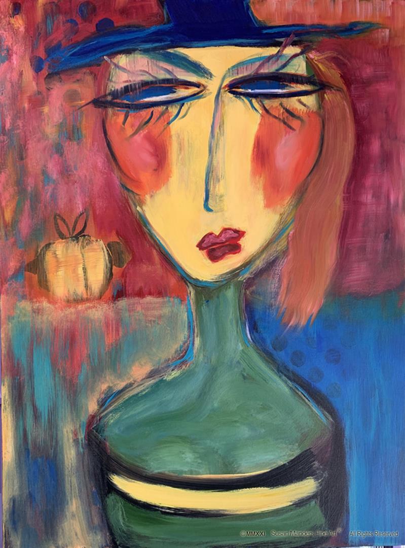 Susan Manders "Bird & Bee": I am woman, says Susan Manders "Bird & Bee". This is a 30 x 40 original oil on canvas. Manders works are represented in fine collections internationally & archived by the National Museum of Women in t