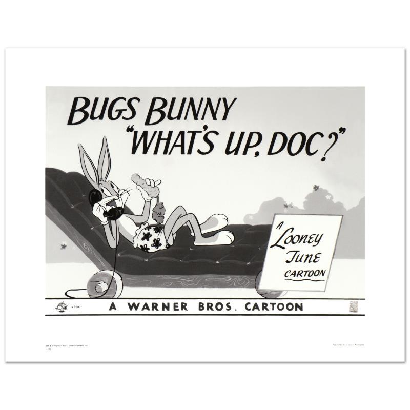 What's Up Doc - Bugs Bunny by Looney Tunes: "What's Up Doc - Bugs Bunny" is a limited edition giclee on paper from Warner Bros., numbered with hologram seal of Authenticity. This image was originally used as a "lobby card" displayed in theater 