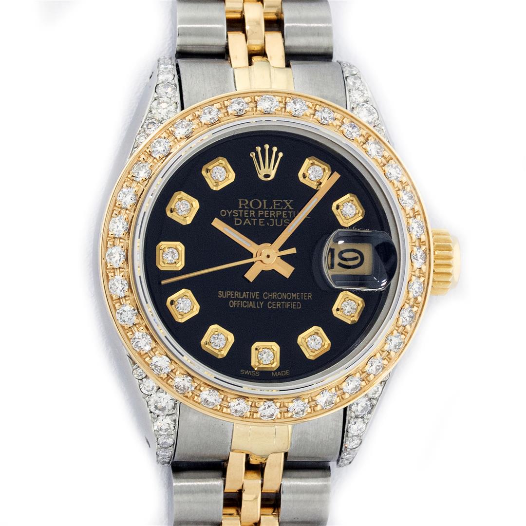 Rolex Ladies 2 Tone Black Diamond Lugs Oyster Perptual Datejust Wristwatch: One Ladies Two Tone Rolex Oyster Perpetual Datejust Polished, Serviced & Electronically Tested, Yellow Gold & Stainless Steel Case: 26mm, Yellow Gold Crown, Diamond Lugs: 24 Diamonds On Lugs, Clarity: