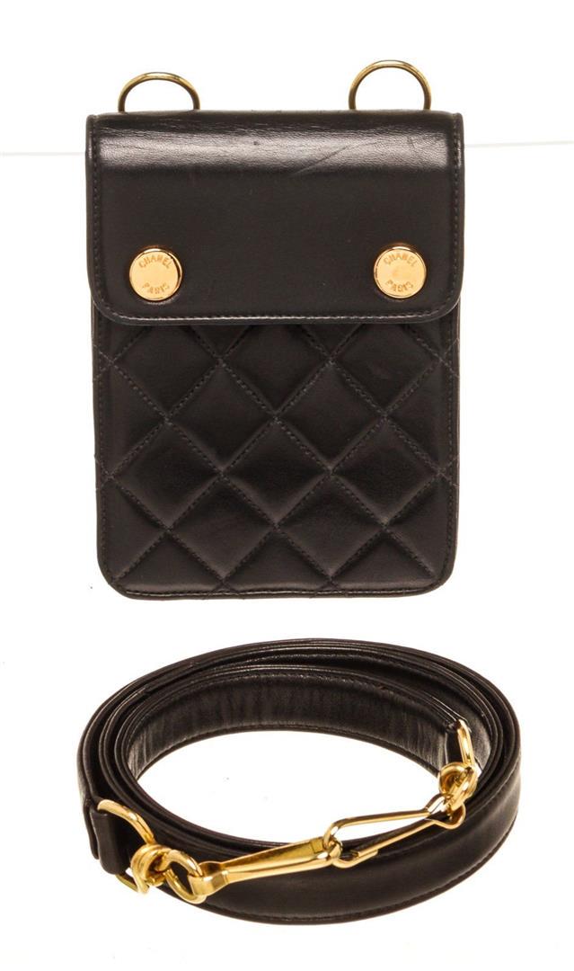 Chanel Black Caviar Leather Vintage Button Wallet: Chanel Black Caviar Leather Vintage Button Wallet with gold-tone hardware, flat shoulder straps,;one with flap and CC turn-lock closure at front, tonal leather lining with overall double magnetic butt