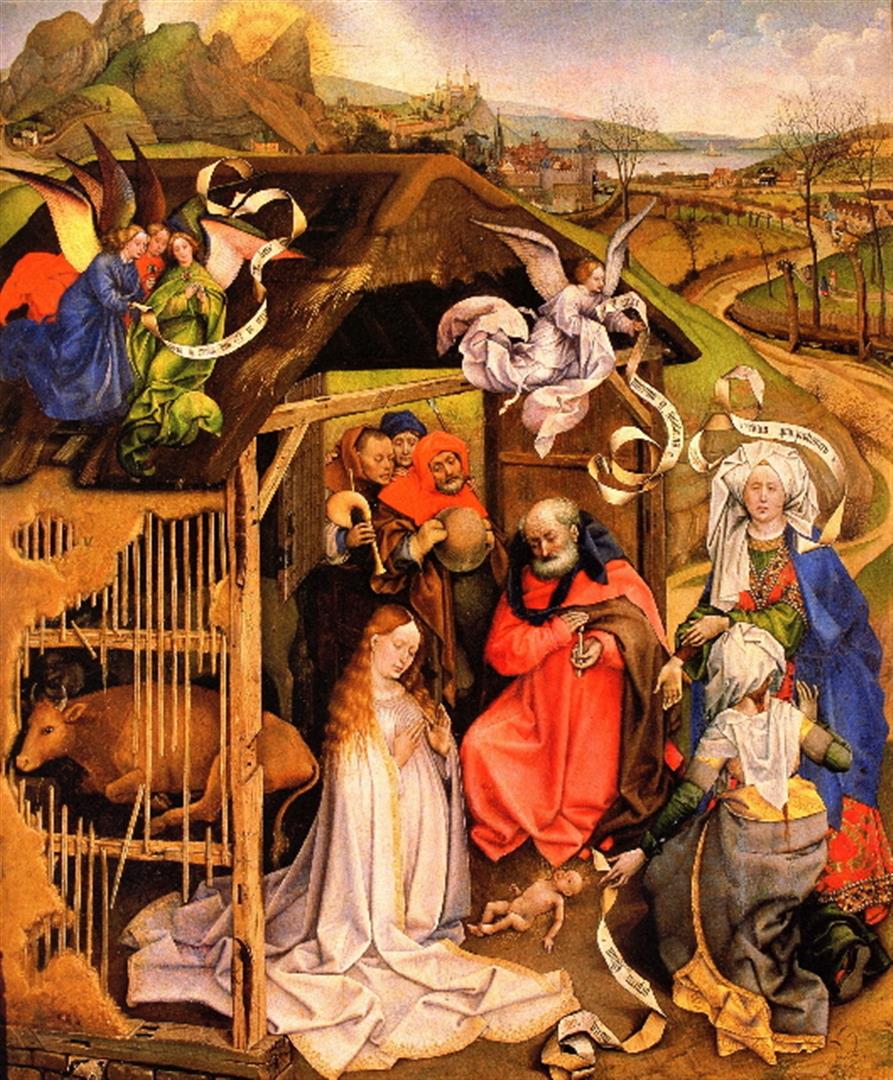 Robert Campin -Birth of Christ: Artist: Robert Campin - Title: Birth of Christ - Medium: Fine Art Giclee on Canvas - Image Size: Approximately 20 inches x 16.5 inches - Unframed on Unstretched Canvas - Biography: Robert Campin (c. 1