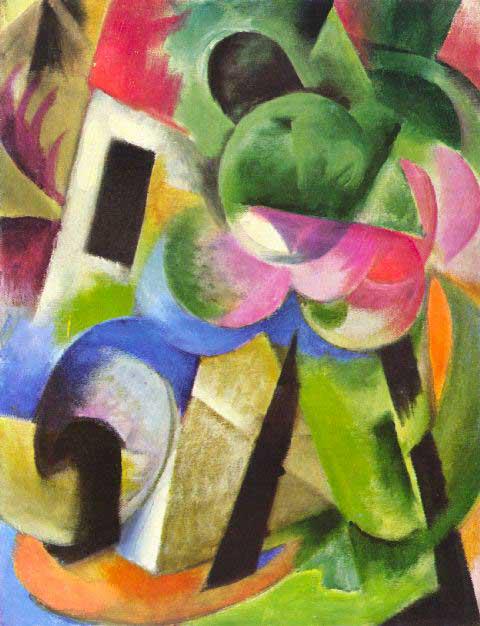 Franz Marc - House with Trees: Artist: Franz Marc - Title: House with Trees - Medium: Fine Art Reproduction Giclee on Canvas - Image Size: Approximately 20 inches x 15.25 inches - Unframed on Unstretched Canvas - Biography: Franz M