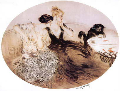 Louis Icart - Deux Filles & La Chat: Artist: Louis Icart Title: Deux Filles & La Chat Medium: Fine Art Reproduction Giclee on Canvas Image Size: Approximately 20 inches x 26.25 inches Unframed on Unstretched Canvas Biography: Louis