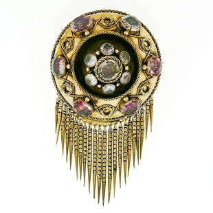Antique Victorian Large Etruscan 14k Gold Twisted Wire Fringe Dangle Brooch Pin: A Victorian era solid 14k yellow gold brooch with 22 dangling chains adorend with 1 round (7.25mm) and 12 oval synthetic stones (5.90x4.35mm; 8.60x6.20mm). Measures 77.76x43.63mm and weighs a total
