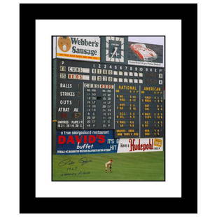Rose in Outfield at Crosley by Rose, Pete: "Rose in Outfield at Crosley" is an archival photograph featuring Pete Rose taken by photographer Sarge Marsh circa 1967. This photo is autographed boldly by Pete Rose. This piece comes framed.