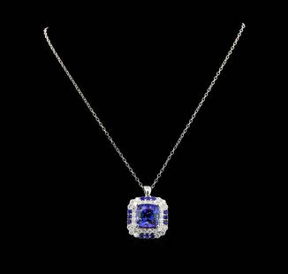 GIA Cert 16.70 ctw Tanzanite, Sapphire and Diamond Pendant: One electronically tested 14KT white gold lady's combination cast & assembled fashion pendant & chain 18.0' long, 2mm twisted oval cable link with a lobster claw clasp with a double basket halo with