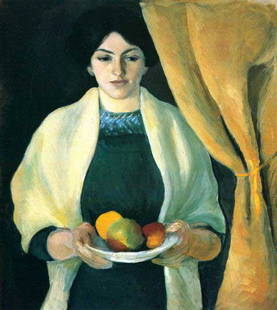 MACKE - Portrait With Apples (Portrait Of The Wife Of The Artist): Artist: MACKE - Title: Portrait With Apples (Portrait Of The Wife Of The Artist) - Medium: Fine Art Reproduction Giclee on Canvas - Image Size: Approximately 20 inches x 17.75 inches - Unframed on