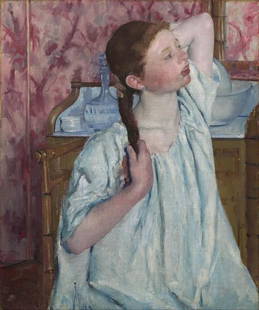 Cassatt - Girl Arranging Her Hair: Artist: Mary Stevenson Cassatt (b. 1844 - 1926) - Title: Girl Arranging Her Hair - Medium: Fine Art Reproduction Giclee on Canvas - Image Size: Approximately 20 inches x 16.5 inches - Framed: