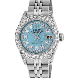 Rolex Ladies Stainless Steel 26MM Blue String Diamond Lugs Datejust Wristwatch: One Ladies Stainless Steel Rolex Datejust Polished Bright with Satin Finish, Serviced & Electronically Tested, Stainless Steel Case: 26mm, Stainless Steel Crown, Diamond Lugs: 24 Diamonds On Lugs,