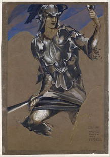 Edward Burne-Jones - Study of Perseus in Armour for The Finding of Medusa: Artist: Edward Burne-Jones - Title: Study of Perseus in Armour for The Finding of Medusa - Medium: Fine Art Reproduction Giclee on Canvas - Image Size: Approximately 14 inches x 20 inches - Unframed