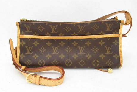 Louis Vuitton Monogram Canvas Leather Popincourt Horizontal Crossbody Bag: Brown and tan monogram coated canvas Louis Vuitton Popincourt bag with brass hardware, tan vachetta leather trim, dual rolled top handles, brown canvas lining, single slit pocket at interior wall and