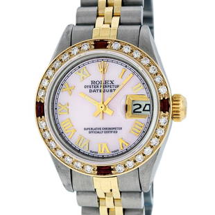 Rolex Ladies 2 Tone Pink MOP Diamond & Ruby Datejust Wristwatch: One Ladies Two Tone Rolex Datejust Polished, Serviced & Electronically Tested, Yellow Gold & Stainless Steel Case: 26mm, Yellow Gold Crown, Custom Bezel: New 18K Yellow Gold Ruby Beadset Diamond