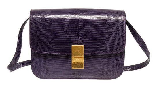 Celine Purple Lizard Skin Leather Medium Box Shoulder Bag