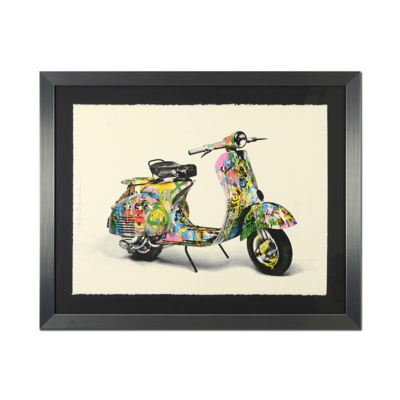 Vespa (Small) by Mr Brainwash: "Vespa (Small)" is a limited edition silk screen print on paper by Mr Brainwash. The piece is hand signed by the artist and numbered PP 2/5. The piece comes custom framed and with a Letter of Authenti