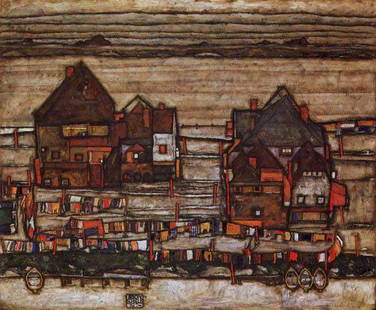 Egon Schiele - Houses With Laundry Lines And Suburban: Artist: Egon Schiele - Title: Houses With Laundry Lines And Suburban - Medium: Fine Art Reproduction Giclee on Canvas - Image Size: Approximately 16.5 inches x 20 inches - Unframed on Unstretched