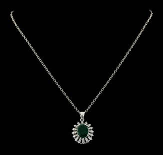 2.91 ctw Emerald and Diamond Pendant With Chain - 14KT White Gold: One electronically tested 14KT white gold lady's combination cast & assembled fashion pendant & chain 18.0' long, 1.9mm twisted cable link with a lobster claw clasp with a double halo with a bright