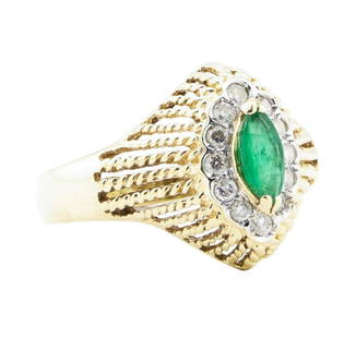 0.65 ctw Emerald And Diamond Ring - 14KT Yellow And White Gold: One electronically tested 14KT yellow and white gold lady's combination cast & assembled fashion halo ring with a chevron cathedral motif with a bright polish finish. The featured lady's ring has a