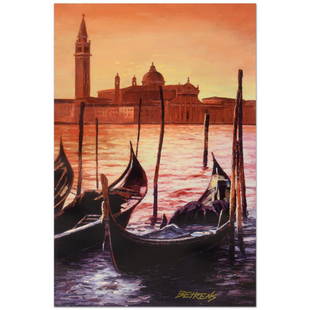 Sunset on the Grand Canal 4 by Behrens (1933-2014): "Sunset on the Grand Canal 4" is a limited edition hand embellished giclee on canvas by Howard Behrens (1933-2014), numbered and bearing the artist's authorized signature. Includes Certificate of