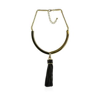 Leather Tassel Pendant Necklace - Rhodium Plated: High end designer jewelry. Leather Tassel Pendant Necklace - Rhodium Plated. Gold Plated Metal/3.5" Ext Clasp. Black/ Gold. 18/5inches. Total Weight: 143.6 grams.