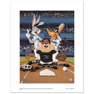 At the Plate (Devil Rays) by Looney Tunes: "At the Plate (Devil Rays)" is a limited edition giclee on paper from Warner Bros. featuring iconic Looney Tunes characters in Tampa Bay Devil Rays MLB uniforms. It comes numbered, with hologram