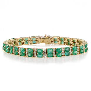 12.25 ctw Emerald and 2.20 ctw Diamond 14K Yellow Gold Bracelet: One lady's polished, stamped and electronically tested solid 14K Yellow Gold Designer Bracelet hallmarked "Orianne" mounted with: 54 Natural Emerald Cut Emerald (Beryl) gemstones hi-lighted by 81