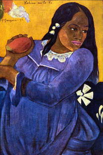 Paul Gauguin - Woman with Mango: Artist: Paul Gauguin - Title: Woman with Mango - Medium: Fine Art Reproduction Giclee on Canvas - Image Size: Approximately 20 inches x 13.25 inches - Unframed on Unstretched Canvas - Biography: