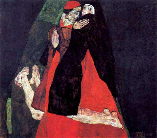 Egon Schiele - Cardinal And Nun Or The Caress: Artist: Egon Schiele - Title: Cardinal And Nun Or The Caress - Medium: Fine Art Reproduction Giclee on Canvas - Image Size: Approximately 17.5 inches x 20 inches - Unframed on Unstretched Canvas - Bio