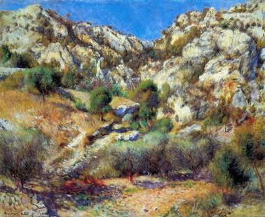 Renoir - Rocks At L'Estage: Artist: Pierre-Auguste Renoir 1841-1919 - Title: Rocks At L'Estage - Medium: Fine Art Reproduction Giclee on Canvas - Image Size: Approximately 16.5 inches x 20 inches - Unframed on Unstretched