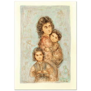 Catherine and Children by Hibel (1917-2014): "Catherine and Children" is a limited edition lithograph on paper, numbered and hand signed by Edna Hibel (1917-2014). Includes Certificate of Authenticity! Measures approx. 25" x 35.5" (with