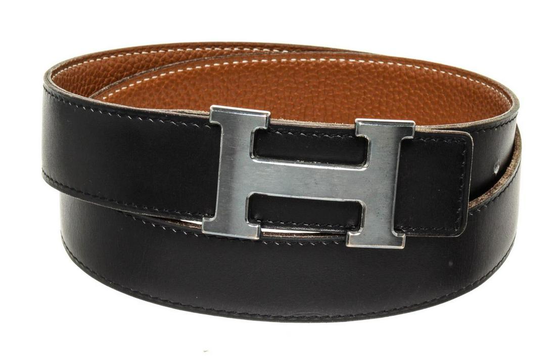 Hermes Black Leather H Belt: Hermes Black Leather H Belt with leather silver-tone hardware and turn lock closure.