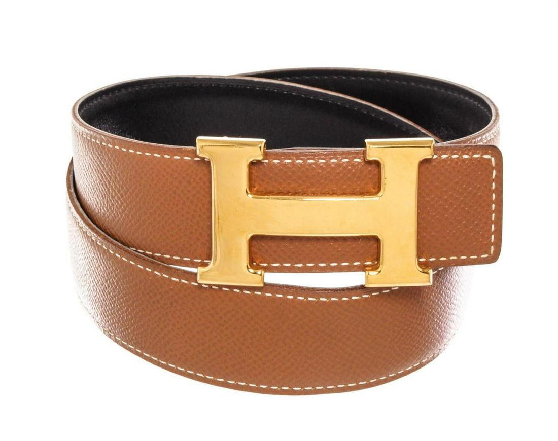 Hermes Brown Constance H Belt: Hermes Brown Constance H Belt with leather gold-tone hardware and turn lock closure.