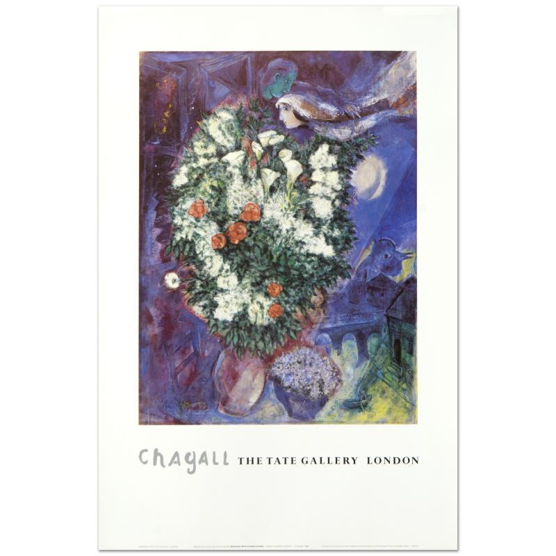 Bouquet with Flying Lover by Chagall (1887-1985): "Bouquet with Flying Lover" is a fine art poster by Marc Chagall (1887-1985)! Measures approx. 20" x 30" (with border), 15" x 24" (image).