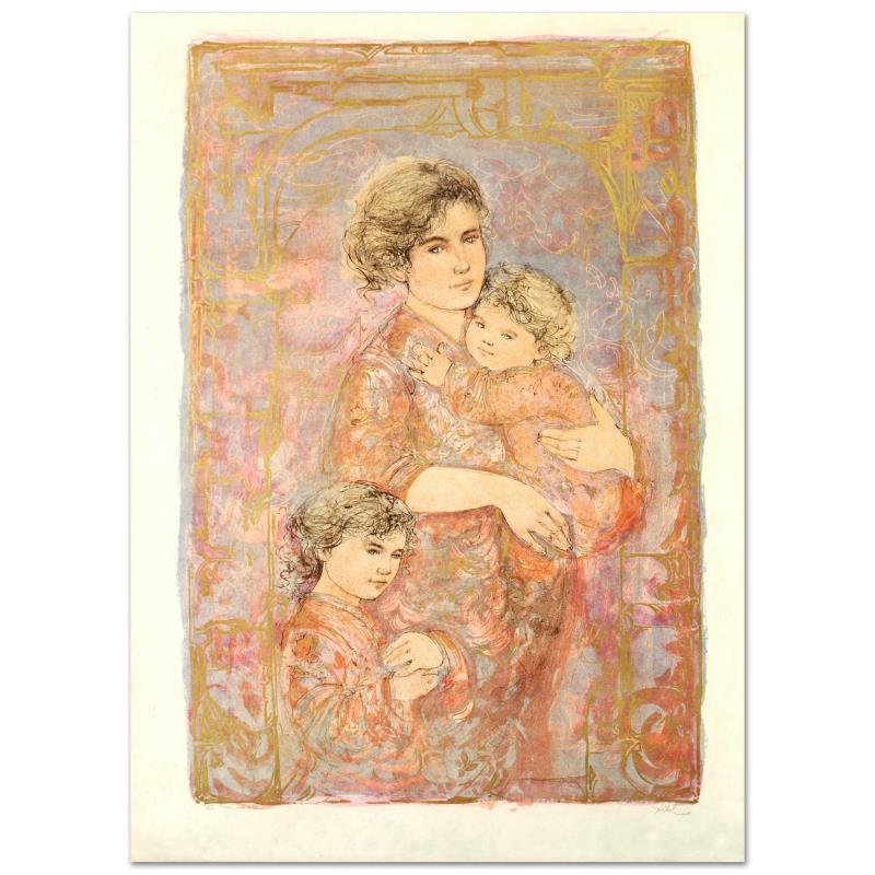 Mona and Family by Hibel (1917-2014): "Mona and Family" is a limited edition lithograph on rice paper, numbered and hand signed by Edna Hibel (1917-2014). Includes Certificate of Authenticity! Measures approx. 29.5" x 42" (with border), 2