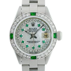 Rolex Ladies Stainless Steel MOP Emerald & Diamond Oyster Perpetaul Datejust Wristwatch