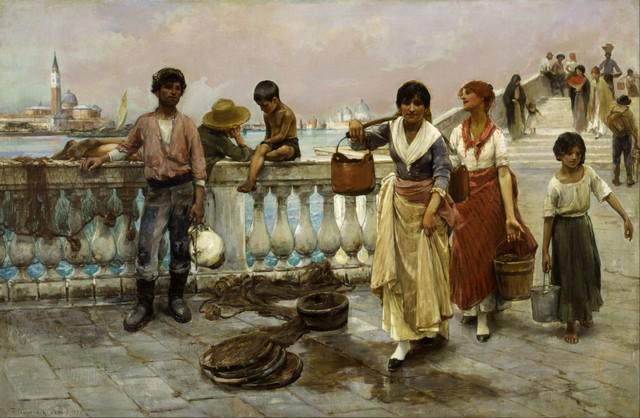 Frank Duveneck - Water Carriers, Venice: Artist: Frank Duveneck - Title: Water Carriers, Venice - Medium: Fine Art Giclee on Canvas - Image Size: Approximately 13 inches x 20 inches - Framed: Unframed on Unstretched Canvas - Biography: Frank