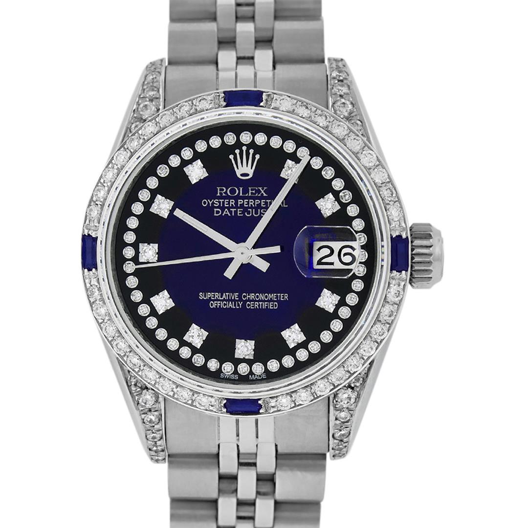 Rolex Ladies Stainless Steel Diamond Lugs Blue Vignette Diamond Datejust Wristwa: One Ladies Pre Owned Stainless Steel Rolex Datejust Polished Bright with Satin Finish, Serviced & Electronically Tested, Stainless Steel Case: 26mm, Stainless Steel Crown, Custom Diamond Lugs: 24 Diam