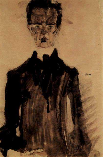 Egon Schiele - Self-Portrait In A Black Robe: Artist: Egon Schiele - Title: Self-Portrait In A Black Robe - Medium: Fine Art Reproduction Giclee on Canvas - Image Size: Approximately 20 inches x 13 inches - Unframed on Unstretched Canvas - Biogra