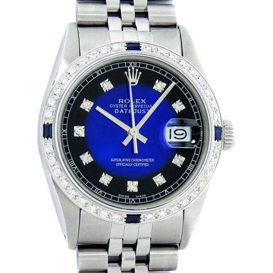 Rolex Mens Stainless Steel Blue Vignette Diamond & Sapphire Datejust Wristwatch: One Mens Pre Owned Stainless Steel Rolex Datejust Polished, Serviced & Electronically Tested, Stainless Steel Case: 36mm, Rolex Stainless Steel Crown, Custom Bezel: New 18K White Gold Sapphire Bead se