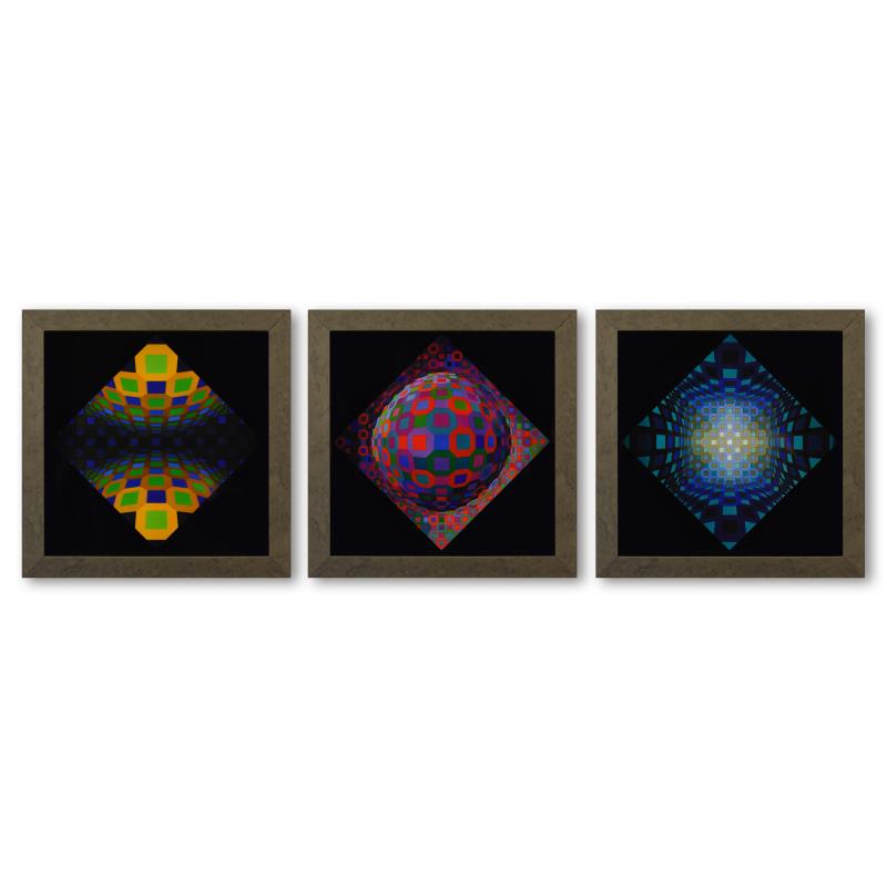 Okta - Stri, Planetary, et Ondocto - Re de la serie Structures Universelles De L: "Okta - Stri, Planetary, et Ondocto - Re de la série Structures Universelles De L'Octogone (Triptych)" is a set of heliogravure prints on paper, published in 1975, by Victor Vasarely (1908-1997). The