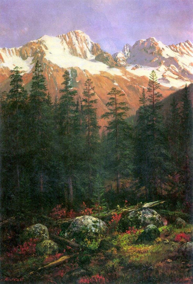 Canadian Rockies by Albert Bierstadt: Artist: Albert Bierstadt - Title: Canadian Rockies - Medium: Fine Art Giclee on Canvas - Image Size: Approximately 20 inches x 13.5 inches - Unframed on Unstretched Canvas - Biography: Bierstadt becam