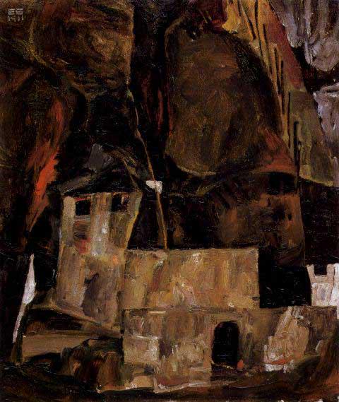 Egon Schiele - Wall And House And Terrain With Fence: Artist: Egon Schiele - Title: Wall And House And Terrain With Fence - Medium: Fine Art Reproduction Giclee on Canvas - Image Size: Approximately 20 inches x 16.75 inches - Unframed on Unstretched Canv