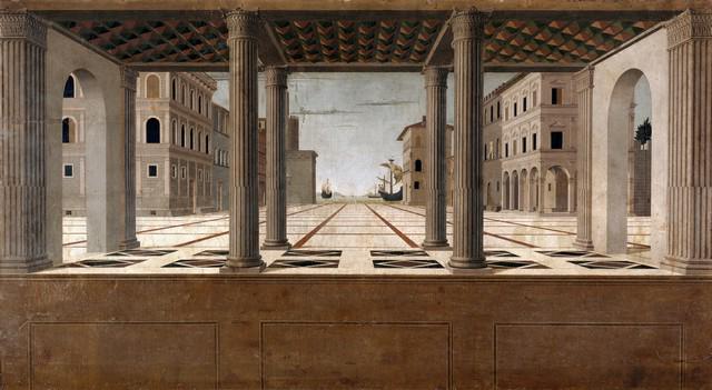 Francesco di Giorgio Martini - Architectural Veduta: Artist: Francesco di Giorgio Martini - Title: Architectural Veduta - Medium: Fine Art Reproduction Giclee on Canvas - Image Size: Approximately 17.5 inches x 32 inches - Unframed on Unstretched Canvas